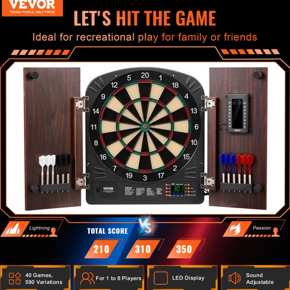 VEVOR Dartboard and Cabinet Set, Ready-to-Play Bundle Dartboard Cabinet Set, Hideaway Cabinet Features Electronic Scoring, Easy Assembly, Complete with All Accessories, Perfect for Cricket Games