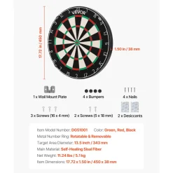 VEVOR Dart Board, High-Grade Self-Healing Sisal Fiber Dartboard with Staple-Free Bullseye, Blade Wire & Rotating Number Ring, 17.7