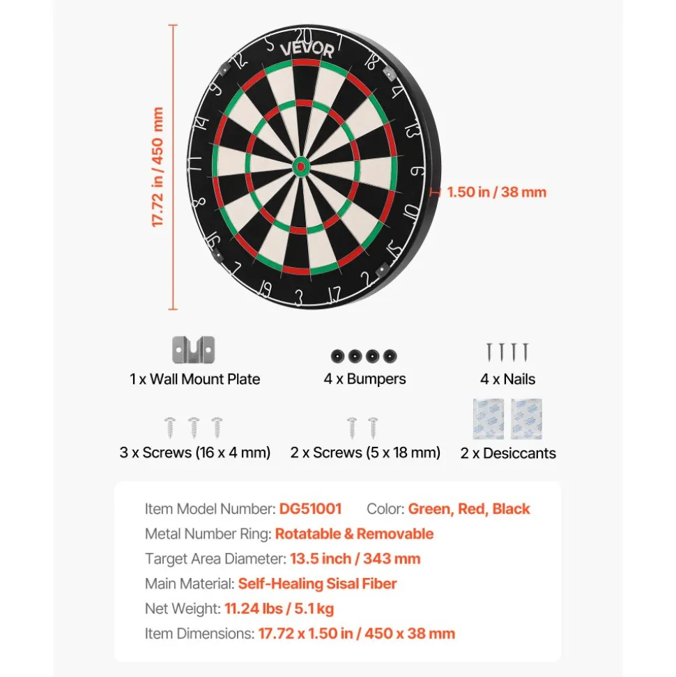 VEVOR Dart Board, High-Grade Self-Healing Sisal Fiber Dartboard with Staple-Free Bullseye, Blade Wire & Rotating Number Ring, 17.7" Professional Dartboard for Home Party Game Room (Darts Not Included)
