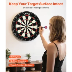 VEVOR Dartboard with 6 Darts & Scoring Kit, Self-Healing Sisal Fibers Dartboard with Staple-Free Bullseye & Rotating Number Ring, 17.7