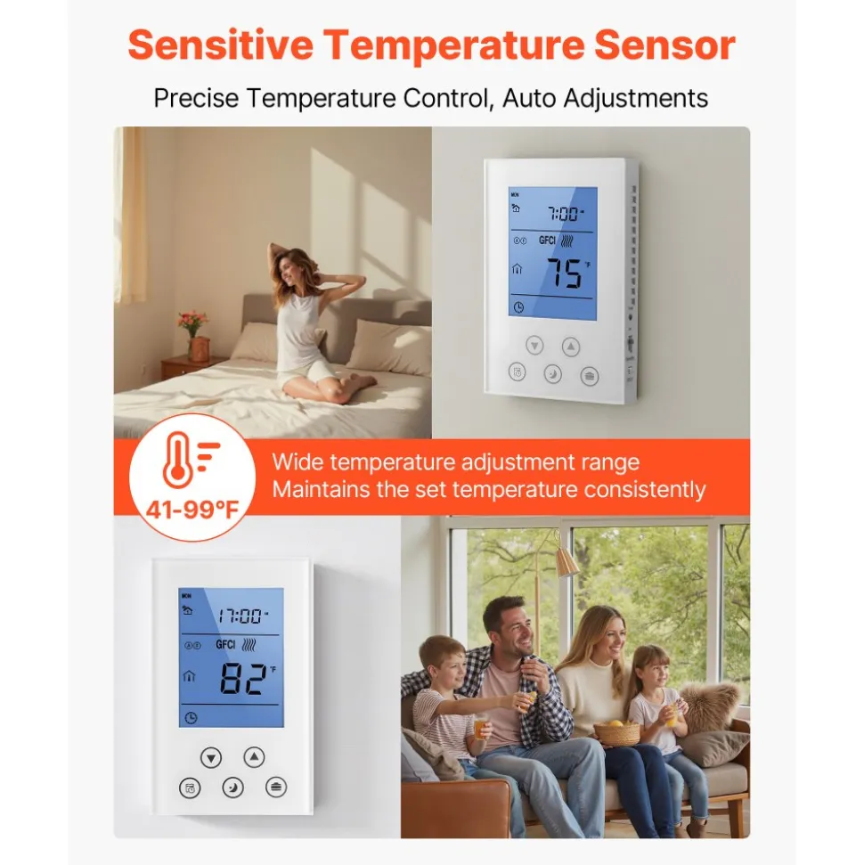VEVOR 7-Day Programmable Thermostat, Home Thermostats for Radiant Underfloor Heating Cable,Heat Pump, Built-in GFCI & Sensitive Sensor, LED Screen with Backlight,Energy-Efficient,White