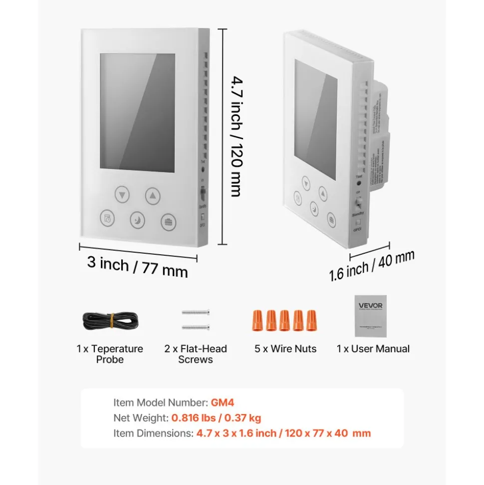VEVOR 7-Day Programmable Thermostat, Home Thermostats for Radiant Underfloor Heating Cable,Heat Pump, Built-in GFCI & Sensitive Sensor, LED Screen with Backlight,Energy-Efficient,White