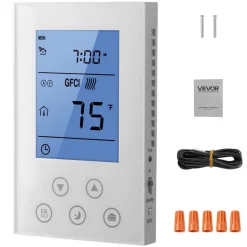 VEVOR 7-Day Programmable Thermostat, Home Thermostats for Radiant Underfloor Heating Cable,Heat Pump, Built-in GFCI & Sensitive Sensor, LED Screen with Backlight,Energy-Efficient,White