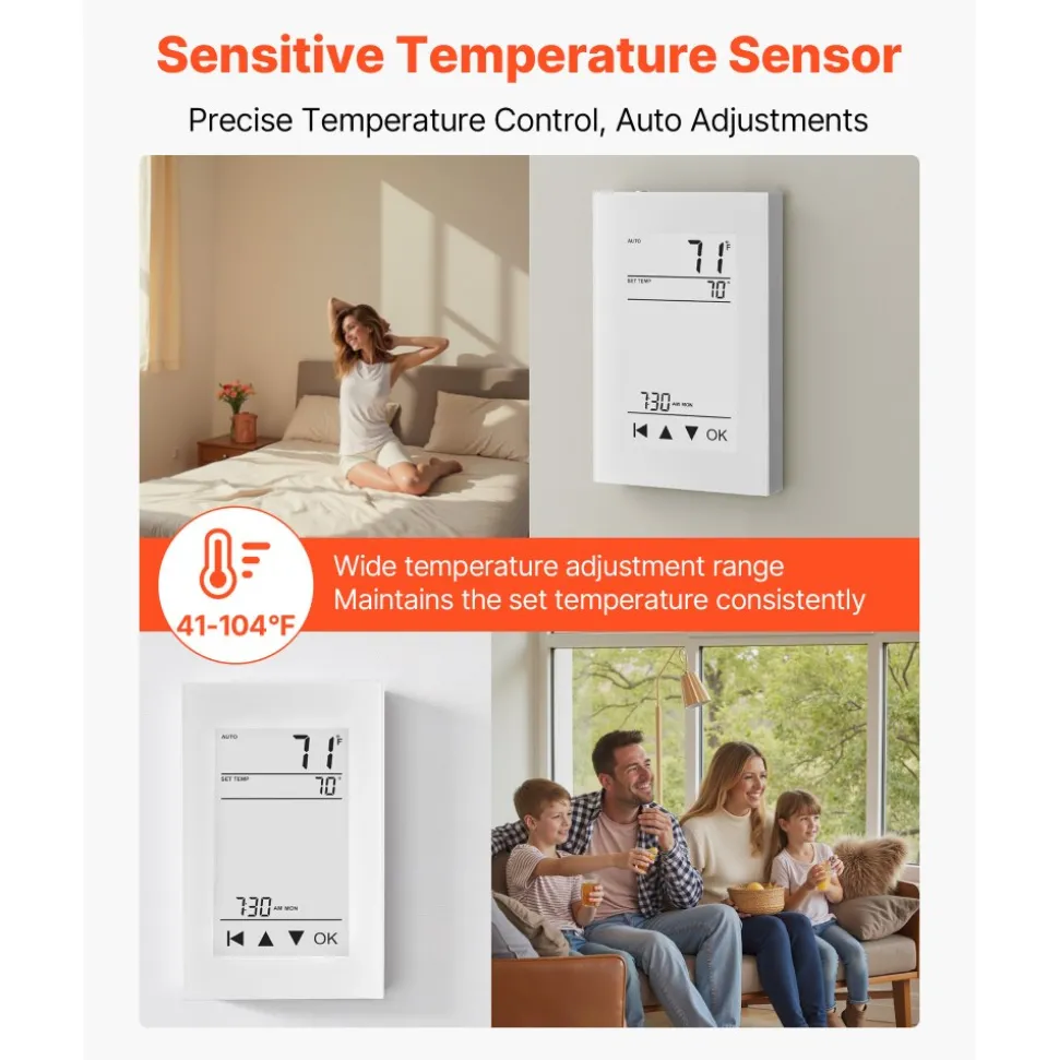 VEVOR 7-Day Programmable Thermostat, Home Thermostats for Radiant Underfloor Heating Cable, Heat Pump, with GFCI & Sensitive Sensor, LCD Touchscreen, Energy-Efficient, Gray-White (Without Wifi)