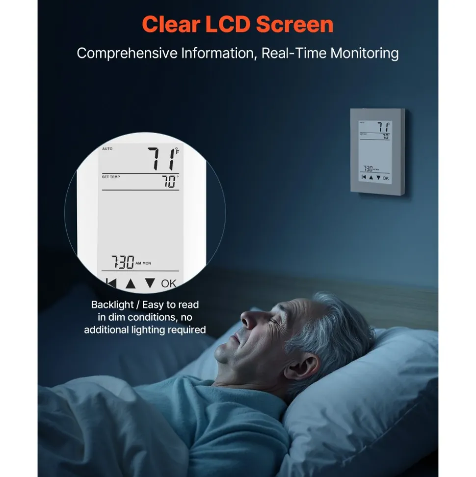 VEVOR 7-Day Programmable Thermostat, Home Thermostats for Radiant Underfloor Heating Cable, Heat Pump, with GFCI & Sensitive Sensor, LCD Touchscreen, Energy-Efficient, Gray-White (Without Wifi)