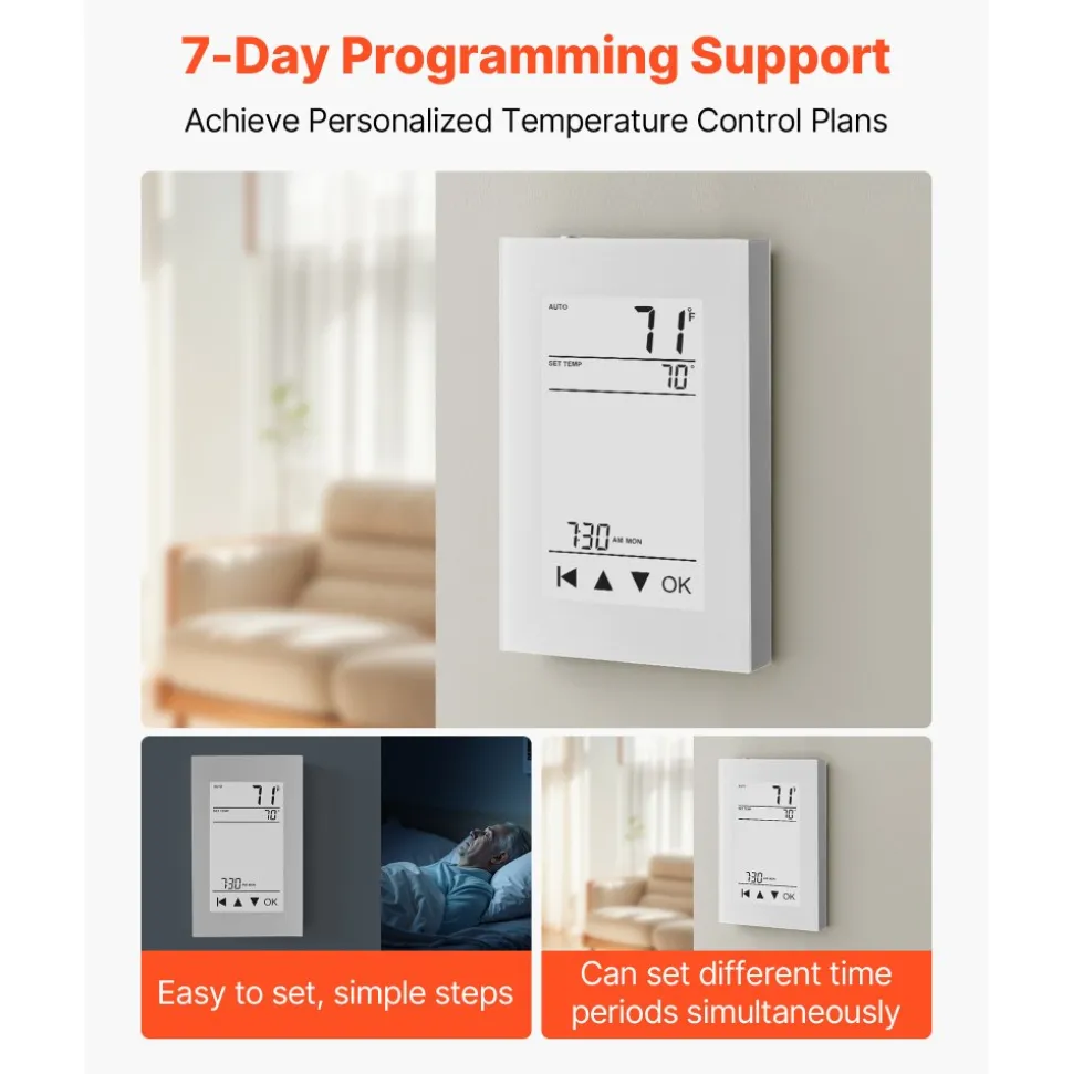 VEVOR 7-Day Programmable Thermostat, Home Thermostats for Radiant Underfloor Heating Cable, Heat Pump, with GFCI & Sensitive Sensor, LCD Touchscreen, Energy-Efficient, Gray-White (Without Wifi)