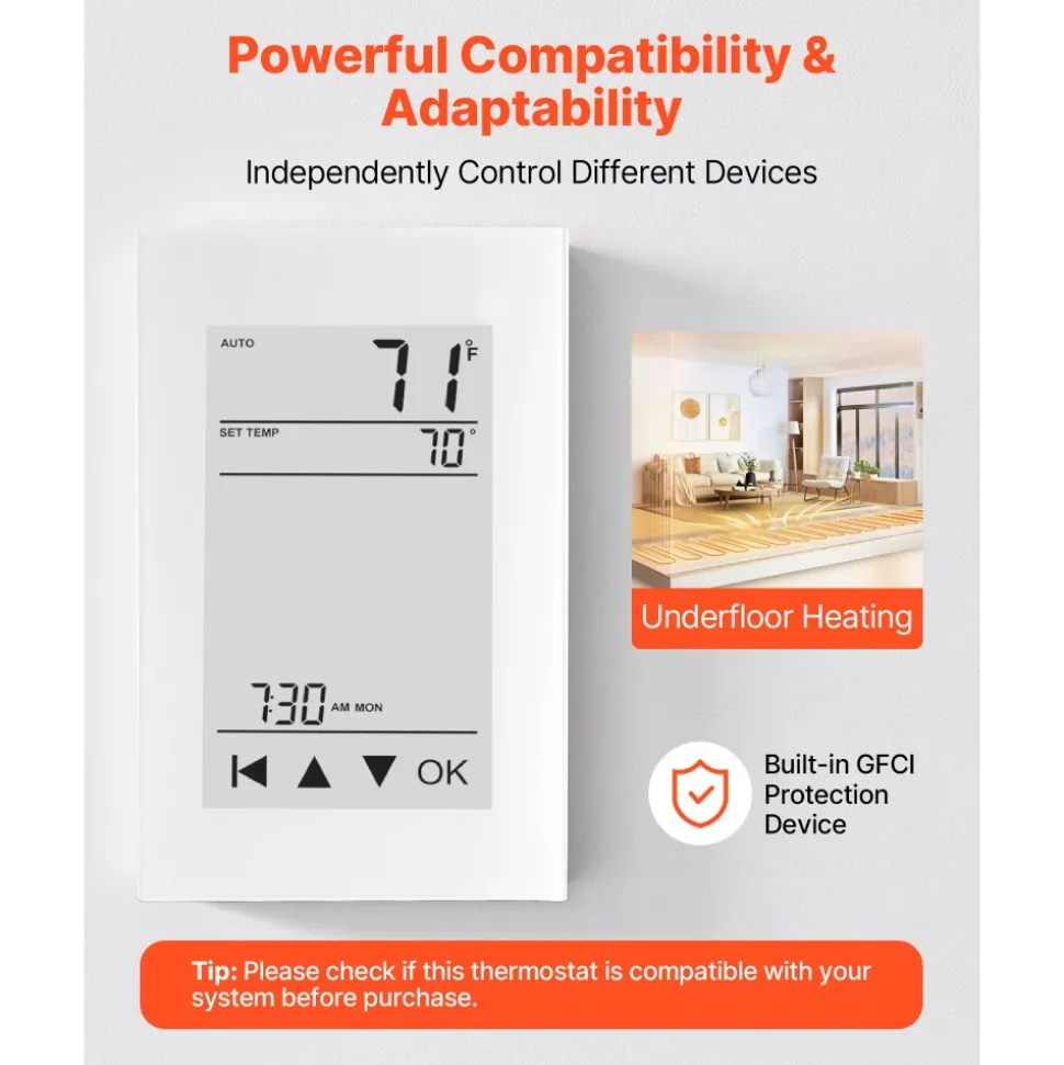 VEVOR 7-Day Programmable Thermostat, Home Thermostats for Radiant Underfloor Heating Cable, Heat Pump, with GFCI & Sensitive Sensor, LCD Touchscreen, Energy-Efficient, Gray-White (Without Wifi)