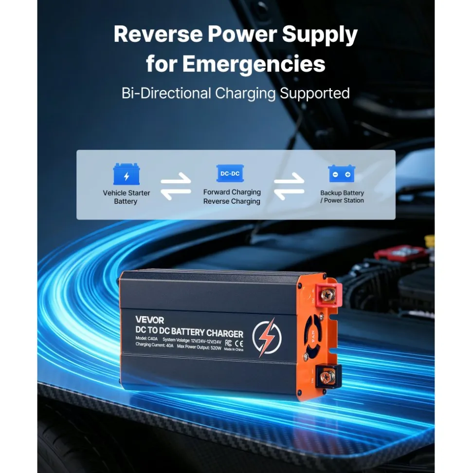 VEVOR DC to DC Battery Charger, 520W, 40A Alternator Charger, Fast DC-DC Charging for Portable Power Stations, Compatible with LiFePO4 Lead-Acid AGM GEL Batteries, 12V/24V-12V/24V, for RV Home Backup