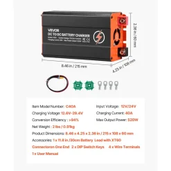 VEVOR DC to DC Battery Charger, 520W, 40A Alternator Charger, Fast DC-DC Charging for Portable Power Stations, Compatible with LiFePO4 Lead-Acid AGM GEL Batteries, 12V/24V-12V/24V, for RV Home Backup