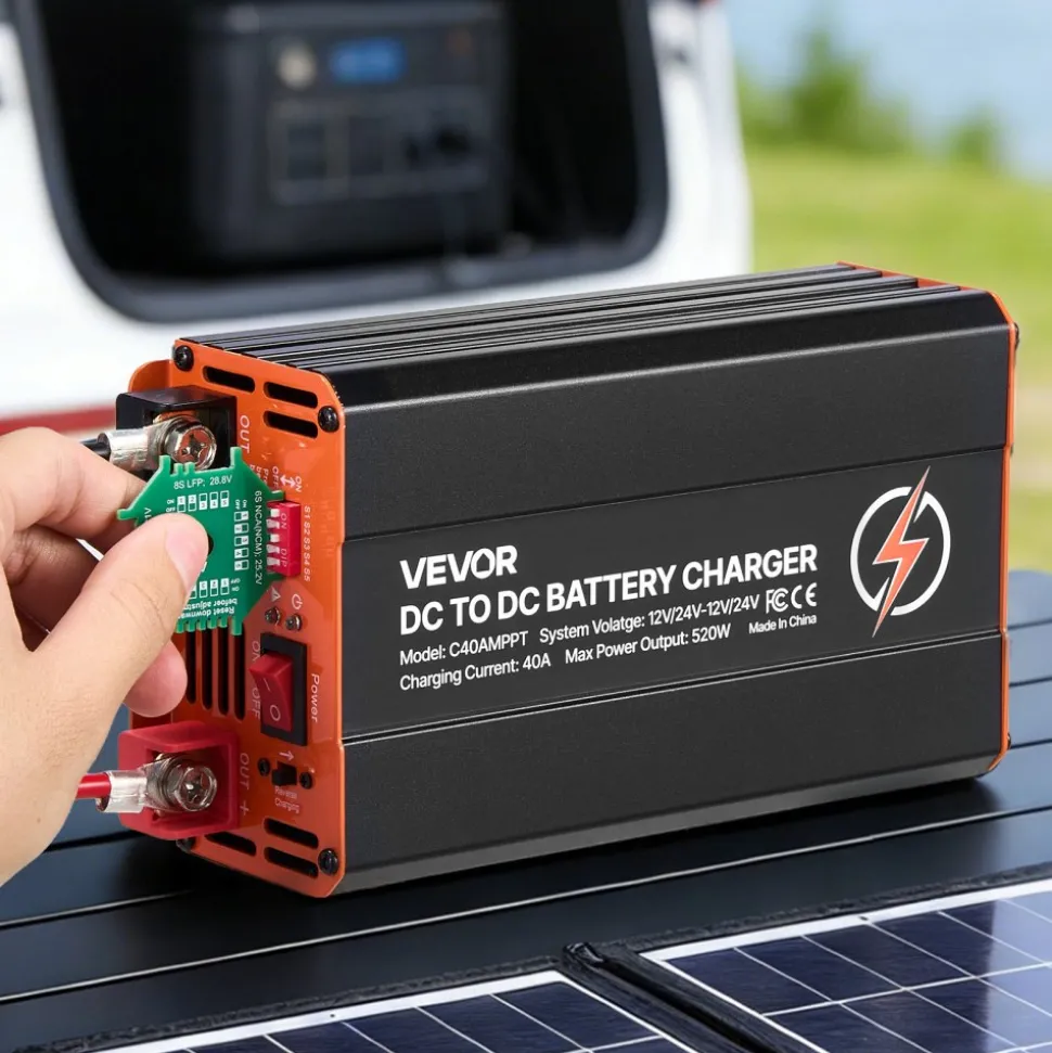 VEVOR DC to DC Charger with MPPT, 520W, 40A On-Board Battery Charger, Solar Panel/Alternator Dual Input, Smart Multi-Stage Charging for LiFePO4 Lead-Acid Batteries, 12V/24V-12V/24V, for RV Home Backup