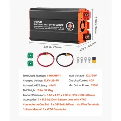VEVOR DC to DC Charger with MPPT, 520W, 40A On-Board Battery Charger, Solar Panel/Alternator Dual Input, Smart Multi-Stage Charging for LiFePO4 Lead-Acid Batteries, 12V/24V-12V/24V, for RV Home Backup