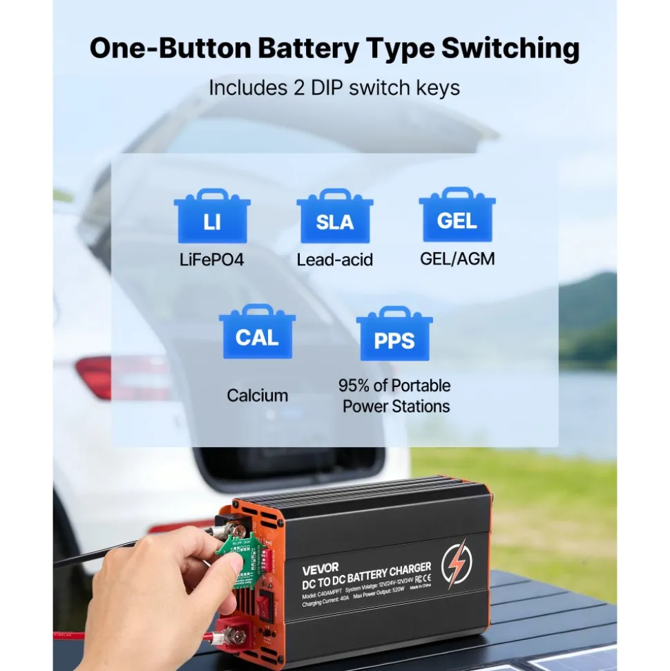 VEVOR DC to DC Charger with MPPT, 520W, 40A On-Board Battery Charger, Solar Panel/Alternator Dual Input, Smart Multi-Stage Charging for LiFePO4 Lead-Acid Batteries, 12V/24V-12V/24V, for RV Home Backup