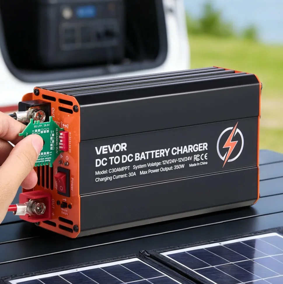 VEVOR DC to DC Charger with MPPT, 350W, 30A On-Board Battery Charger, Solar Panel/Alternator Dual Input, Smart Multi-Stage Charging for LiFePO4 Lead-Acid Batteries, 12V/24V-12V/24V, for RV Home Backup
