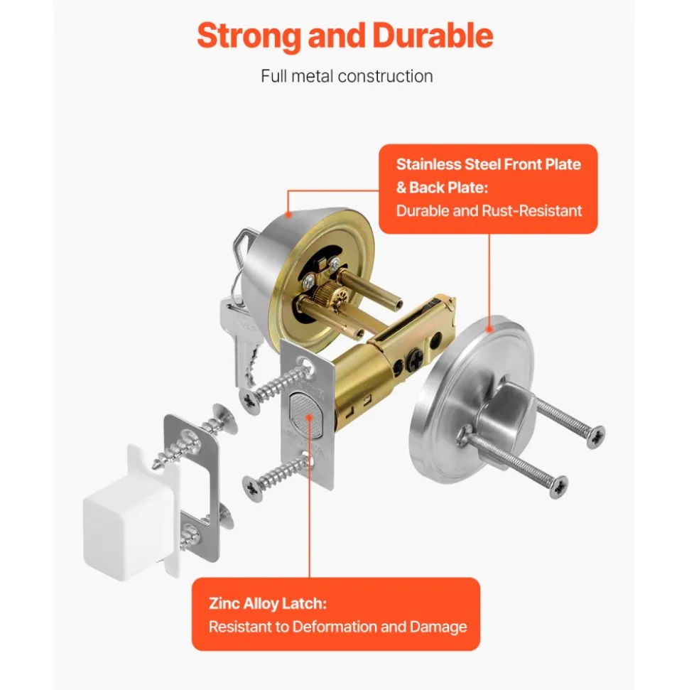 VEVOR Deadbolt Lock, Round Single Cylinder Dead Bolt, Keyed 1 Side, Fits Standard Size Interior and Exterior Doors, Full Metal, with 3 Keys, for Front Entry Door Residential Security, Satin Nickel