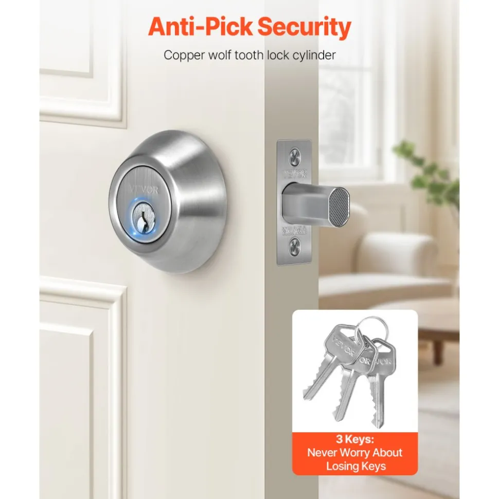 VEVOR Deadbolt Lock, Round Single Cylinder Dead Bolt, Keyed 1 Side, Fits Standard Size Interior and Exterior Doors, Full Metal, with 3 Keys, for Front Entry Door Residential Security, Satin Nickel