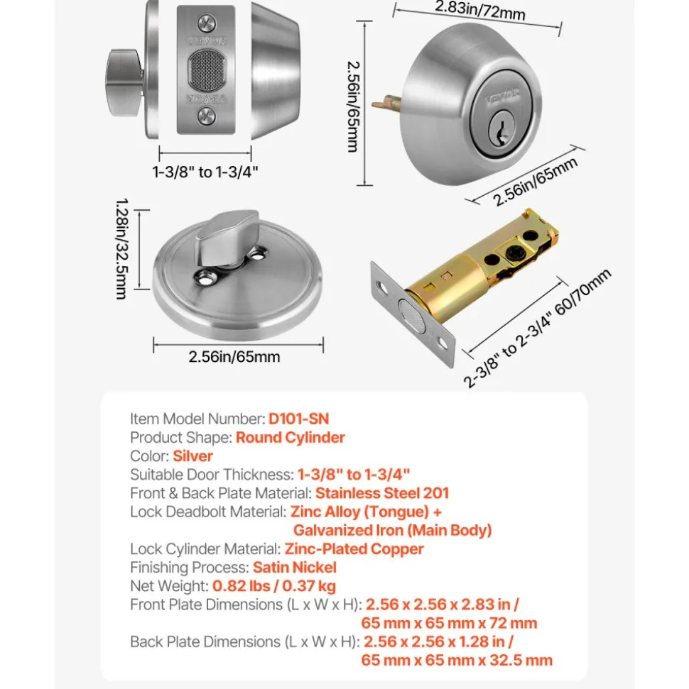 VEVOR Deadbolt Lock, Round Single Cylinder Dead Bolt, Keyed 1 Side, Fits Standard Size Interior and Exterior Doors, Full Metal, with 3 Keys, for Front Entry Door Residential Security, Satin Nickel
