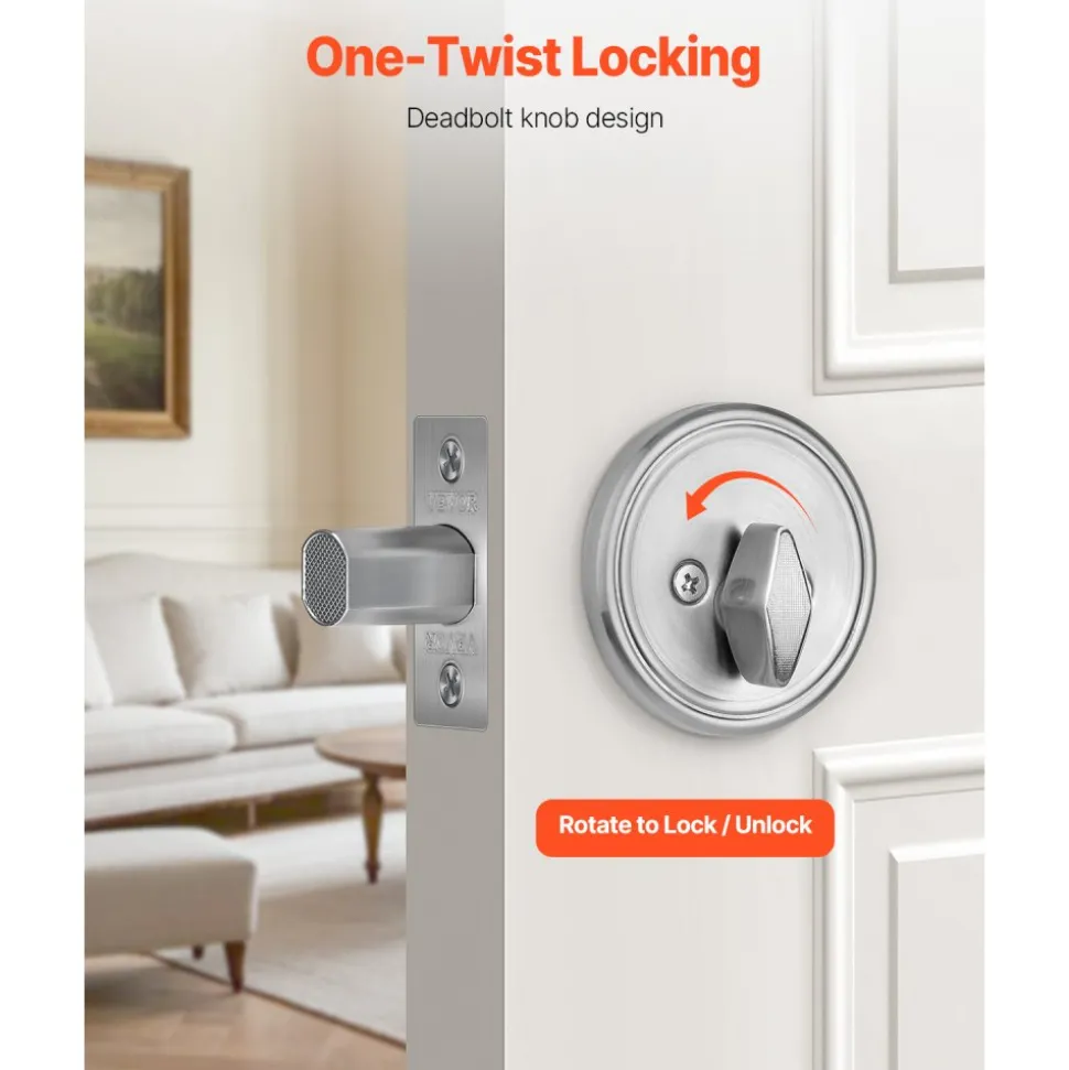 VEVOR Deadbolt Lock, Round Single Cylinder Dead Bolt, Keyed 1 Side, Fits Standard Size Interior and Exterior Doors, Full Metal, with 3 Keys, for Front Entry Door Residential Security, Satin Nickel