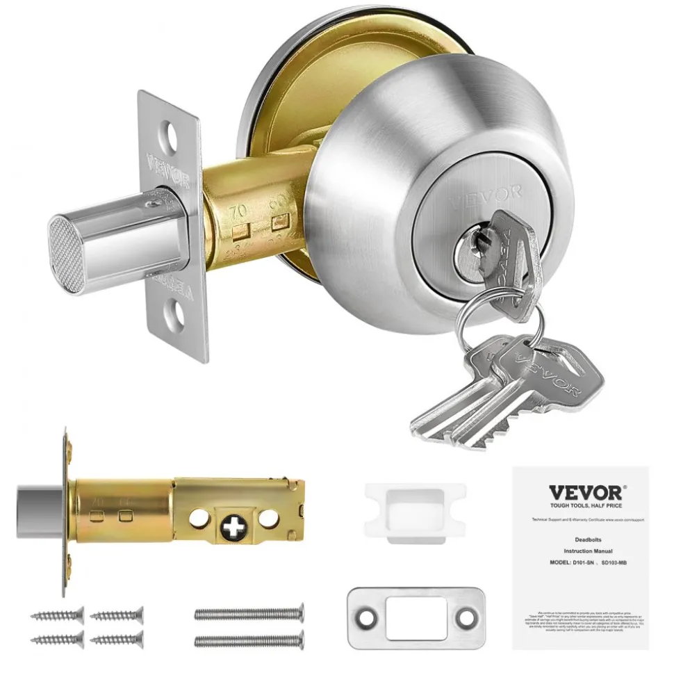 VEVOR Deadbolt Lock, Round Single Cylinder Dead Bolt, Keyed 1 Side, Fits Standard Size Interior and Exterior Doors, Full Metal, with 3 Keys, for Front Entry Door Residential Security, Satin Nickel
