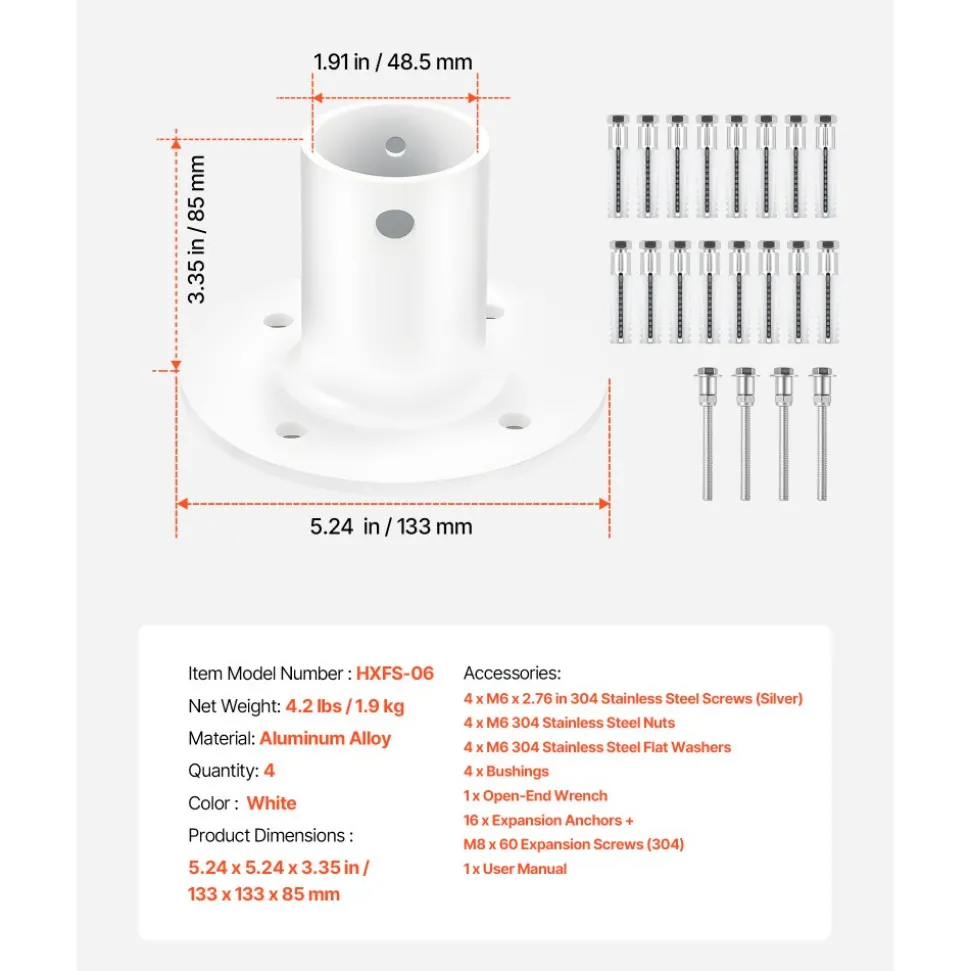 VEVOR Deck Anchor Flange 4 Pack, 1-7/8 in Pool Ladder Deck Mount, Handrail Anchor with Stainless Steel Mounting Hardware, Premium Aluminum Alloy Flange for Inground Swimming Pool Ladder, White