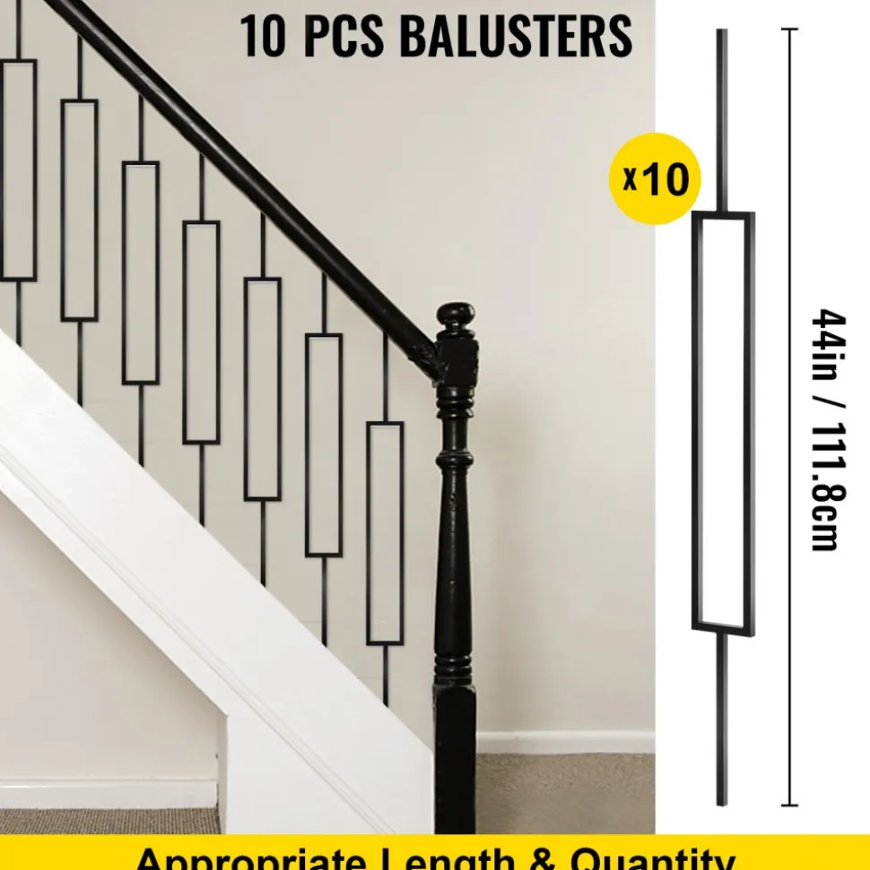 VEVOR Deck Balusters, 10 Pack Metal Deck Spindles, 44"x0.5" Staircase Baluster with Screws, Iron Deck Railing for Wood and Composite Deck, Stylish Black Baluster for Outdoor Stair Deck Porch