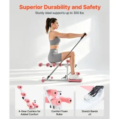 VEVOR Deep Squat Machine, Adjustable Glutes Trainer Machine with 3 High-Strength Resistance Bands, Folding Core Leg and Glutes Exercise Trainer, Push Up Workout Equipment at Home Gym, Pink + White
