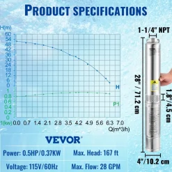 VEVOR Deep Well Submersible Pump, 3HP 230V/60Hz, 37GPM 640 ft Head, with 33 ft Cord & External Control Box, 4 inch Stainless Steel Water Pumps for Industrial, Irrigation and Home Use, IP68 Waterproof