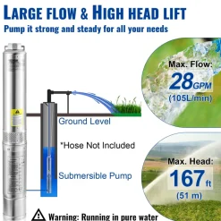 VEVOR Deep Well Submersible Pump, 3HP 230V/60Hz, 37GPM 640 ft Head, with 33 ft Cord & External Control Box, 4 inch Stainless Steel Water Pumps for Industrial, Irrigation and Home Use, IP68 Waterproof