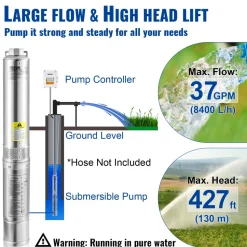 VEVOR Deep Well Submersible Pump, 2HP 230V/60Hz, 37GPM 427 ft Head, with 33 ft Cord & External Control Box, 4 inch Stainless Steel Water Pumps for Industrial, Irrigation and Home Use, IP68 Waterproof