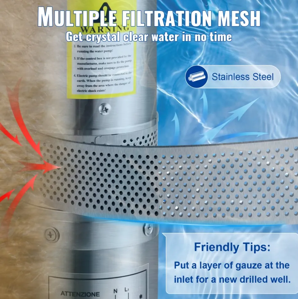 VEVOR Deep Well Submersible Pump, 1HP 230V/60Hz, 37gpm Flow 207ft Head, with 33ft Electric Cord, 4" Stainless Steel Water Pump for Industrial, Irrigation&Home Use, IP68 Waterproof Grade