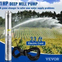 VEVOR Deep Well Submersible Pump, 1HP 230V/60Hz, 37gpm Flow 207ft Head, with 33ft Electric Cord, 4