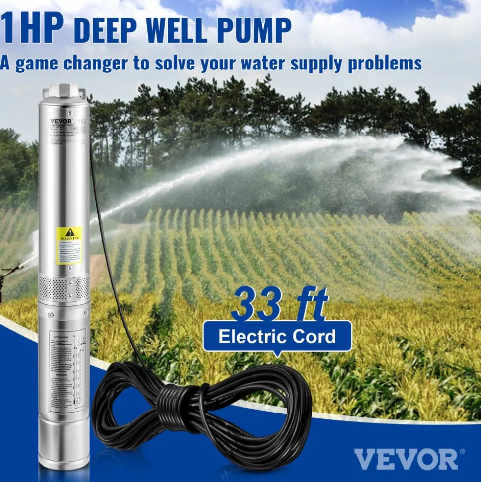 VEVOR Deep Well Submersible Pump, 1HP 230V/60Hz, 37gpm Flow 207ft Head, with 33ft Electric Cord, 4" Stainless Steel Water Pump for Industrial, Irrigation&Home Use, IP68 Waterproof Grade