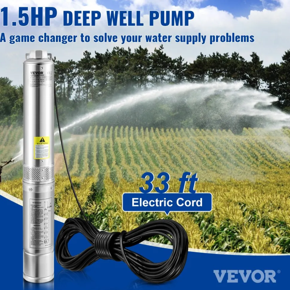 VEVOR Deep Well Submersible Pump, 1.5HP 230V/60Hz, 37gpm 276ft Head, with 33ft Electric Cord, 4" Stainless Steel Water Pumps for Industrial, Irrigation and Home Use, IP68 Waterproof Grade