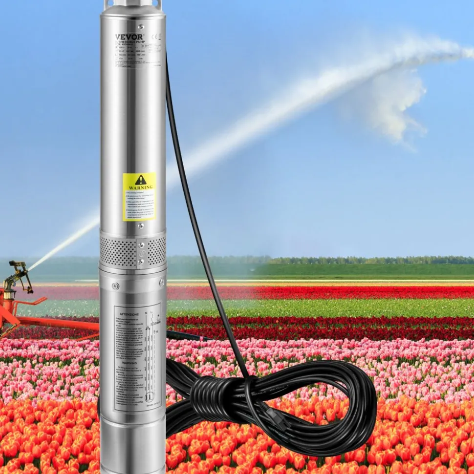 VEVOR Deep Well Submersible Pump, 1.5HP 230V/60Hz, 37gpm 276ft Head, with 33ft Electric Cord, 4" Stainless Steel Water Pumps for Industrial, Irrigation and Home Use, IP68 Waterproof Grade
