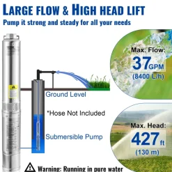 VEVOR Deep Well Submersible Pump, 2HP/1500W 230V/60Hz, 37GPM Flow 427 ft Head, with 33 ft Electric Cord, 4 inch Stainless Steel Water Pumps for Industrial, Irrigation & Home Use, IP68 Waterproof Grade