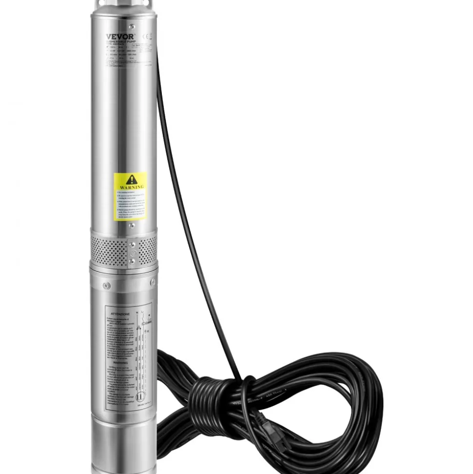 VEVOR Deep Well Submersible Pump, 2HP/1500W 230V/60Hz, 37GPM Flow 427 ft Head, with 33 ft Electric Cord, 4 inch Stainless Steel Water Pumps for Industrial, Irrigation & Home Use, IP68 Waterproof Grade