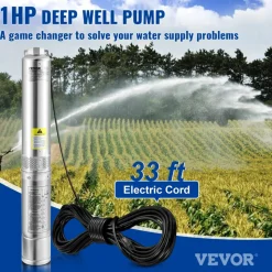 VEVOR Deep Well Submersible Pump, 1HP 115V/60Hz, 37gpm Flow 207ft Head, with 33ft Electric Cord, 4