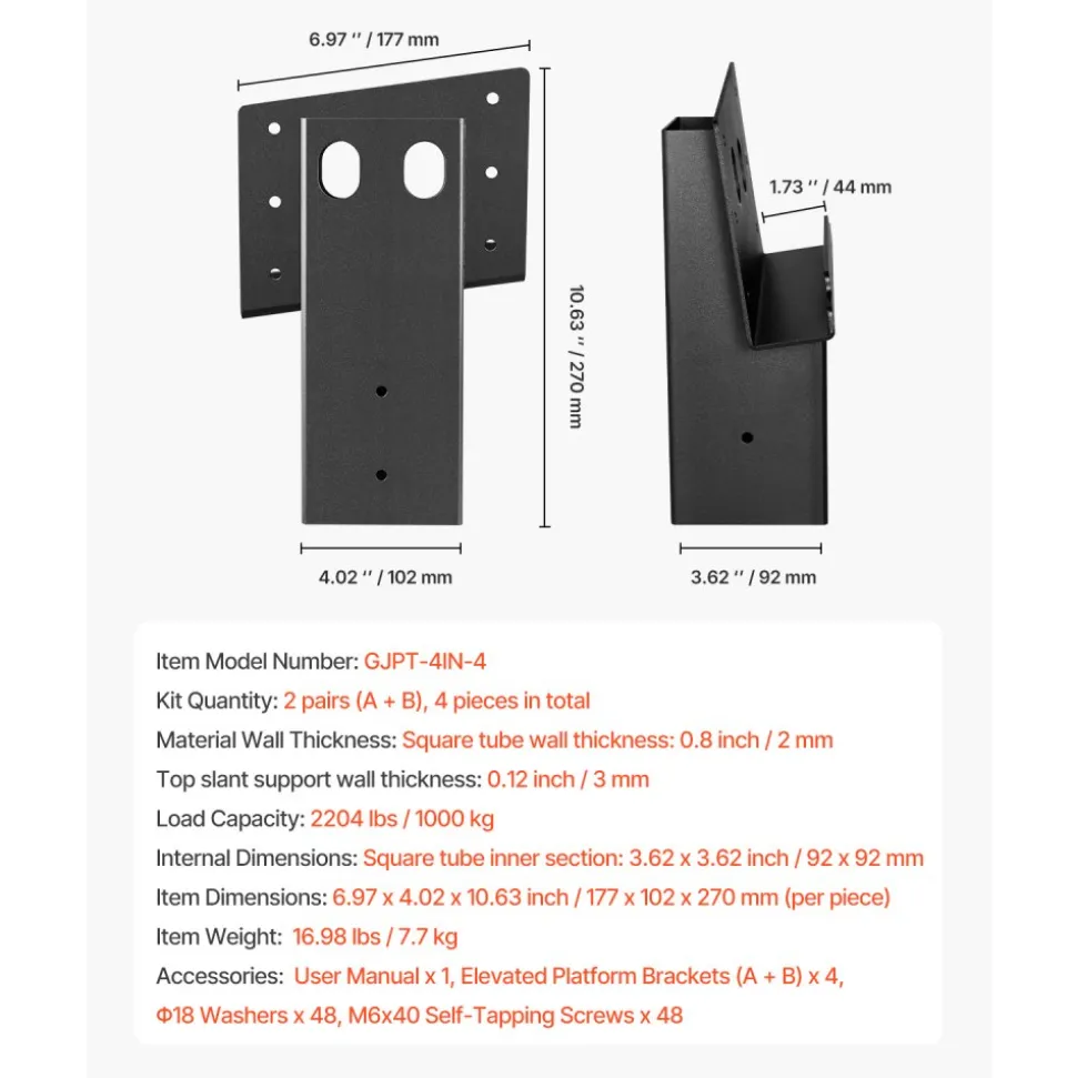 VEVOR Deer Blind Brackets, Outdoor 3.6x3.6 Platform Bracket, Fit 3.5x3.5 In / 88.9x88.9 mm Lumber, 2204lbs/1000kg Capacity Steel Elevator Brackets for Deer Stand, Hunting Blinds, Shooting Shack, 4 Pcs