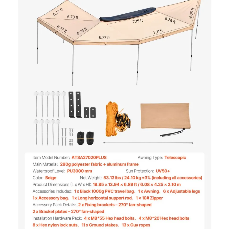 VEVOR 270 Degree Awning, 133 sq.ft Passenger Side Vehicle Awning, Waterproof UV50+ Car Side Awnings with Carry Bag, All-Weather Free-Standing Overland Awnings Car Shelter for SUV Van Truck Camping