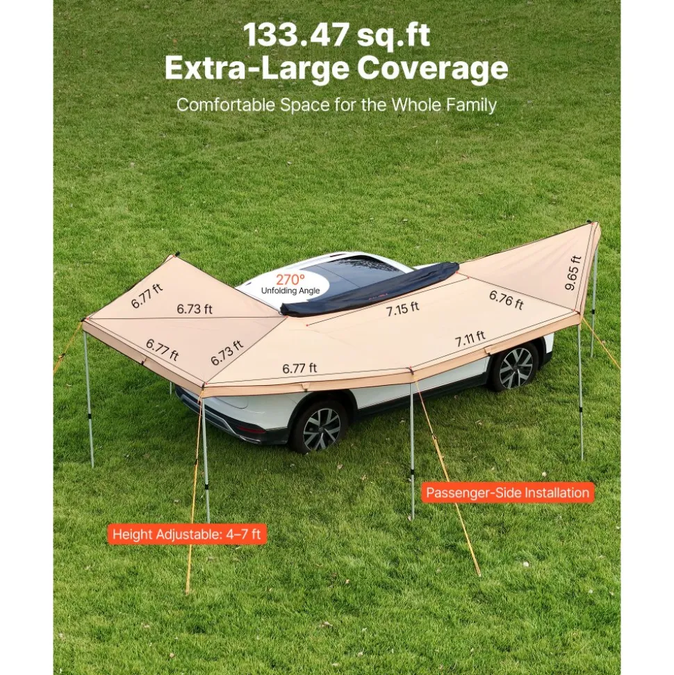 VEVOR 270 Degree Awning, 133 sq.ft Passenger Side Vehicle Awning, Waterproof UV50+ Car Side Awnings with Carry Bag, All-Weather Free-Standing Overland Awnings Car Shelter for SUV Van Truck Camping