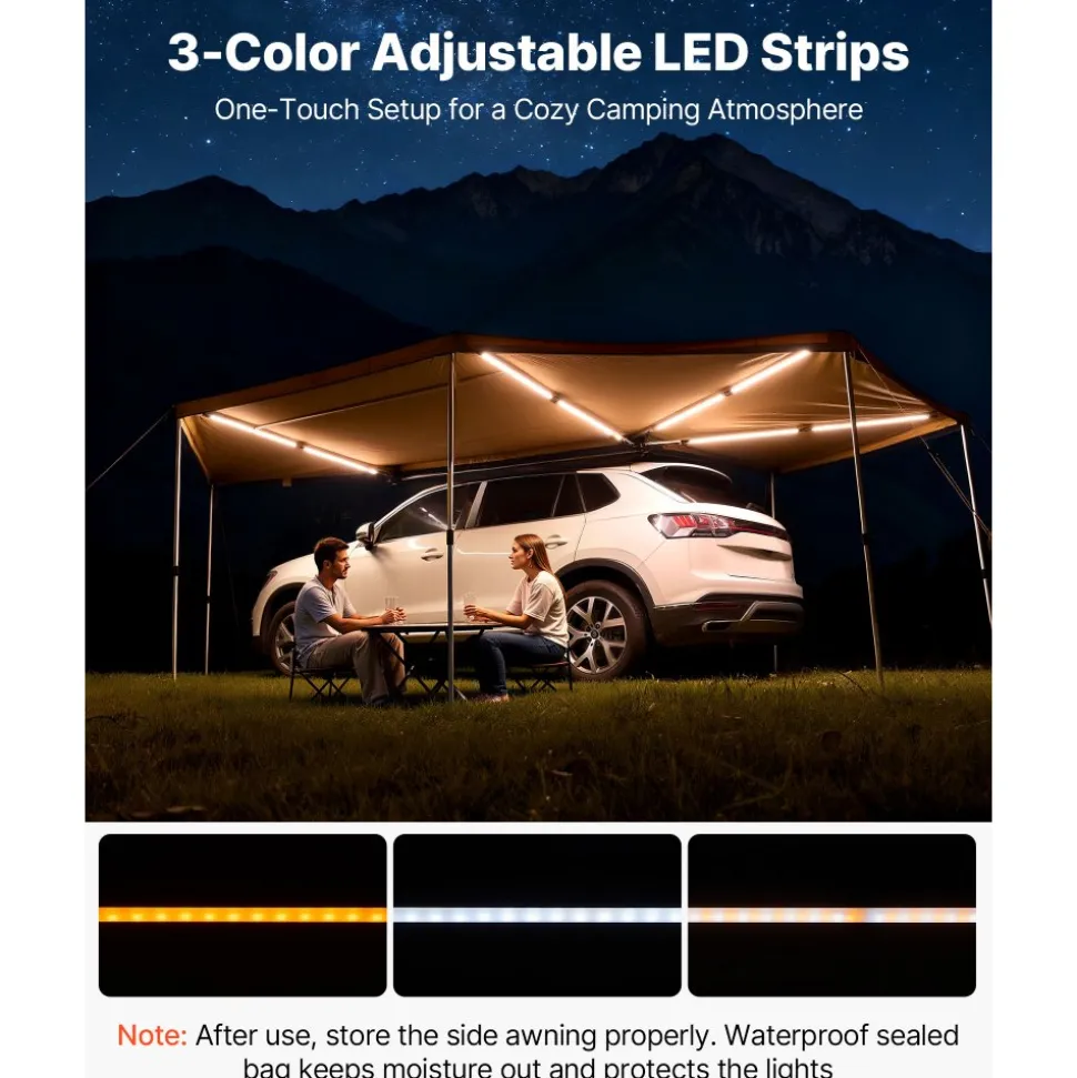 VEVOR 270 Degree Awning with Bulit-in LED Lights, 133 sq.ft Driver Side Vehicle Awning, Waterproof UV50+ Car Side Awnings, All-Weather Free-Standing Overland Awnings Car Shelter for SUV Truck Camping
