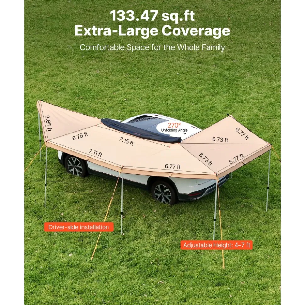VEVOR 270 Degree Awning with Bulit-in LED Lights, 133 sq.ft Driver Side Vehicle Awning, Waterproof UV50+ Car Side Awnings, All-Weather Free-Standing Overland Awnings Car Shelter for SUV Truck Camping