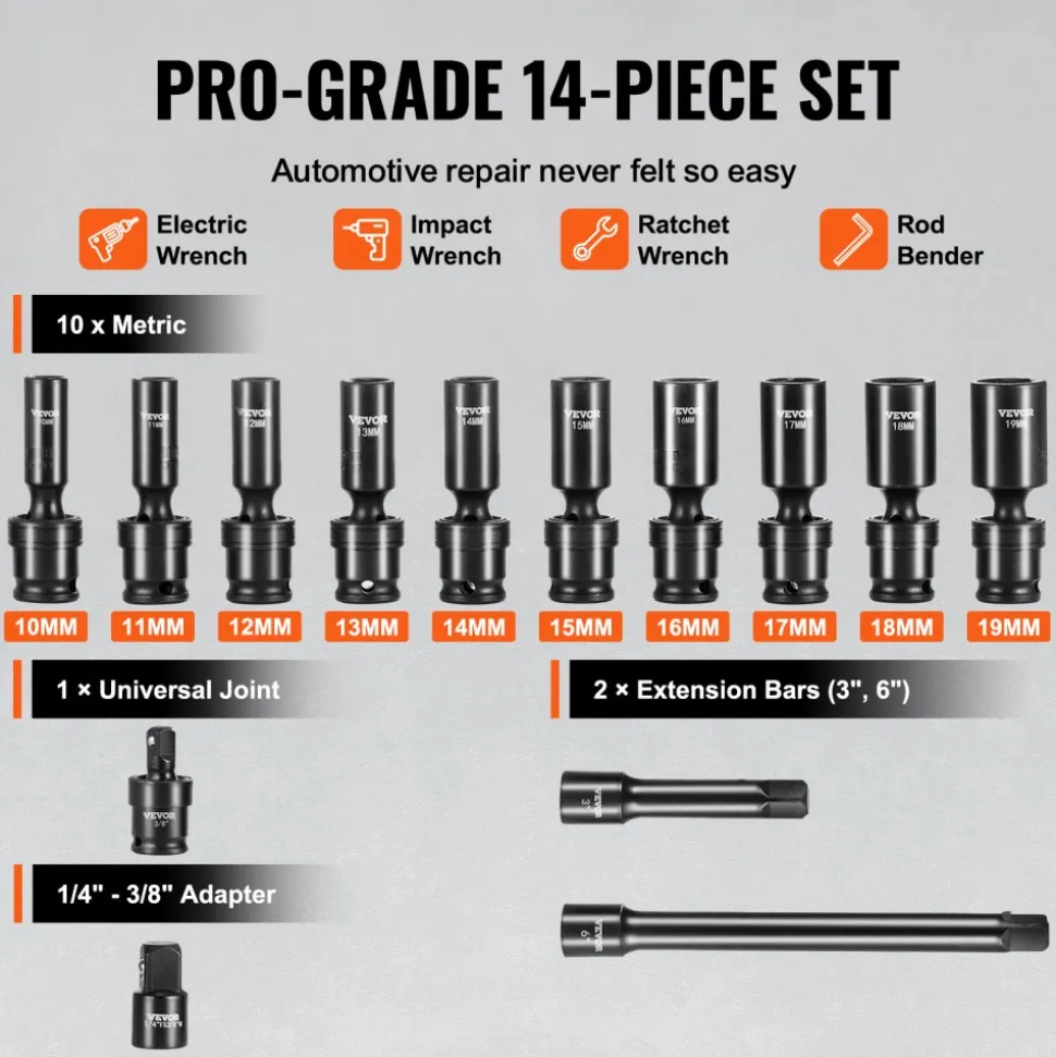 VEVOR 360 Degree Swivel Impact Socket Set, 3/8" Socket Set 14PCS Deep Universal Metric 10-19mm, 6 Point Cr-Mo Alloy Steel for Auto Repair, Easy-to-Read Size Markings, Rugged Construction, Storage Case