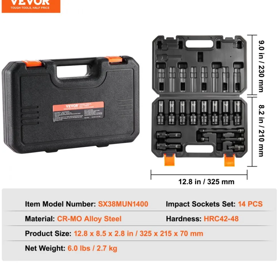 VEVOR 360 Degree Swivel Impact Socket Set, 3/8" Socket Set 14PCS Deep Universal Metric 10-19mm, 6 Point Cr-Mo Alloy Steel for Auto Repair, Easy-to-Read Size Markings, Rugged Construction, Storage Case