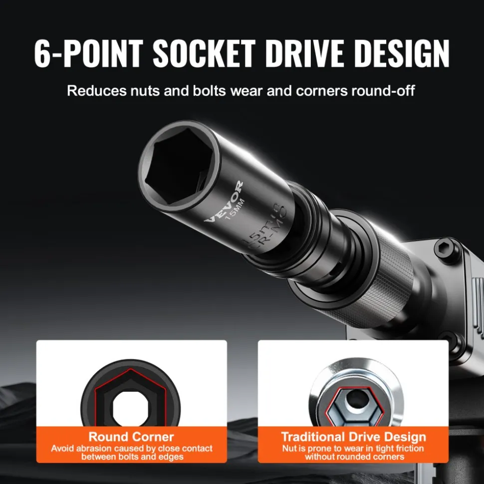 VEVOR 360 Degree Swivel Impact Socket Set, 3/8" Socket Set 14PCS Deep Universal Metric 10-19mm, 6 Point Cr-Mo Alloy Steel for Auto Repair, Easy-to-Read Size Markings, Rugged Construction, Storage Case