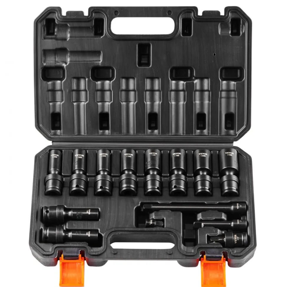 VEVOR 360 Degree Swivel Impact Socket Set, 3/8" Socket Set 14PCS Deep Universal Metric 10-19mm, 6 Point Cr-Mo Alloy Steel for Auto Repair, Easy-to-Read Size Markings, Rugged Construction, Storage Case