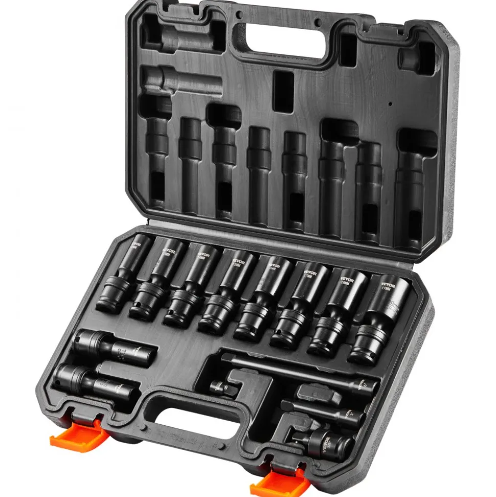 VEVOR 360 Degree Swivel Impact Socket Set, 3/8" Socket Set 14PCS Deep Universal Metric 10-19mm, 6 Point Cr-Mo Alloy Steel for Auto Repair, Easy-to-Read Size Markings, Rugged Construction, Storage Case
