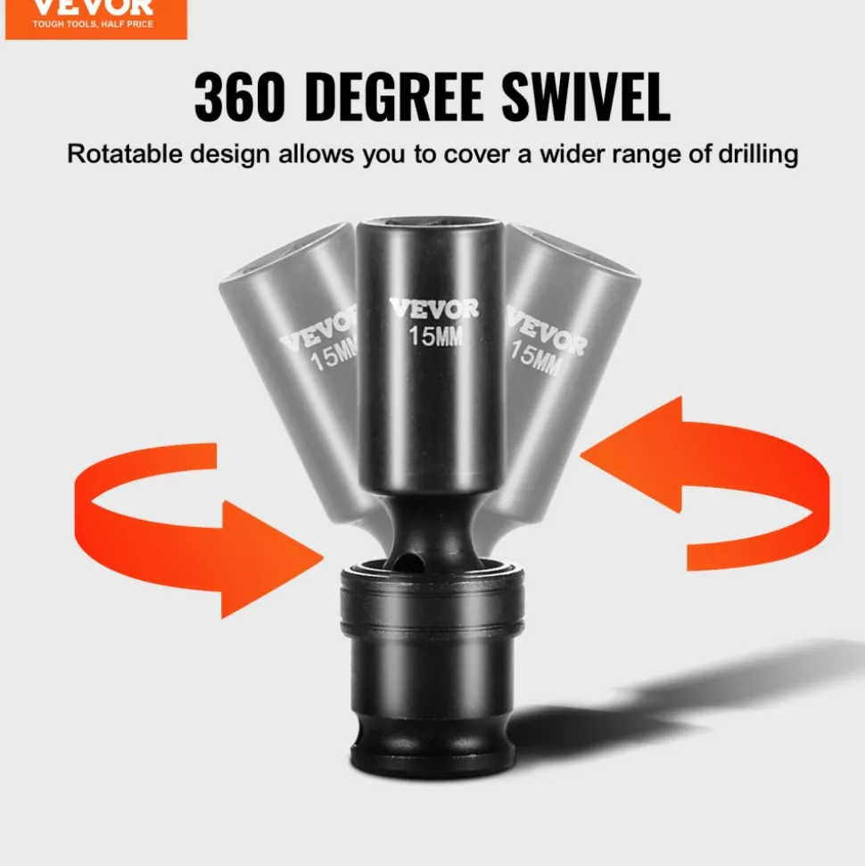 VEVOR 360 Degree Swivel Impact Socket Set, 3/8" Socket Set 14PCS Deep Universal Metric 10-19mm, 6 Point Cr-Mo Alloy Steel for Auto Repair, Easy-to-Read Size Markings, Rugged Construction, Storage Case