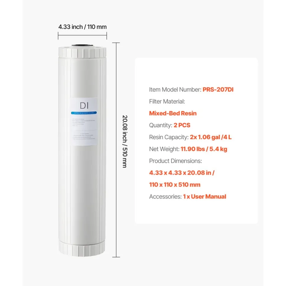 VEVOR Deionized Filter for Spotless Car Wash System, 2 x 4L Mixed-Bed DI Resin Filter Replacement - Compatible with PRS-207SLXC, PRS-TCXC, PRS-TCXC-PT, PRS-207XCGB Deionized Water System
