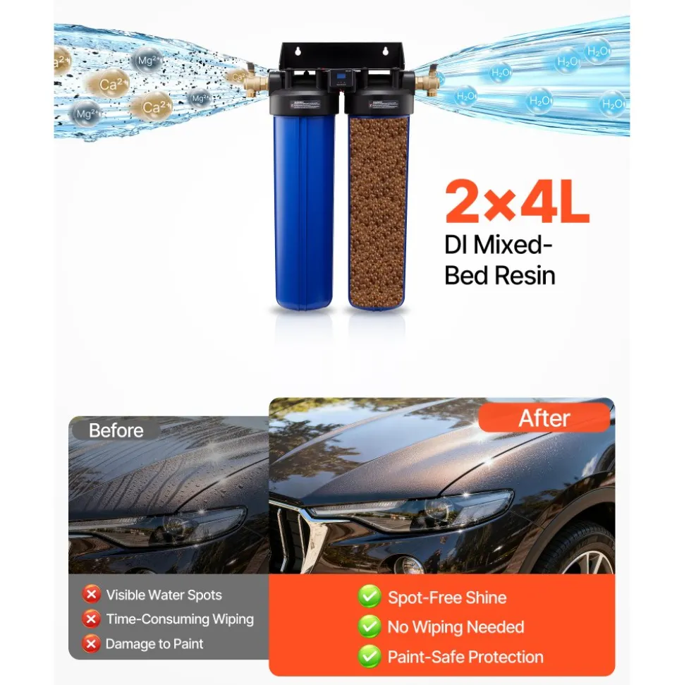 VEVOR Deionized Water System for Car Wash, Spotless Car Wash Water System with 2 x 4L DI Resin, Bypass Valve & TDS Meter, Spot-Free Deionized Water Filter for Cars RVs Motorcycles Windows