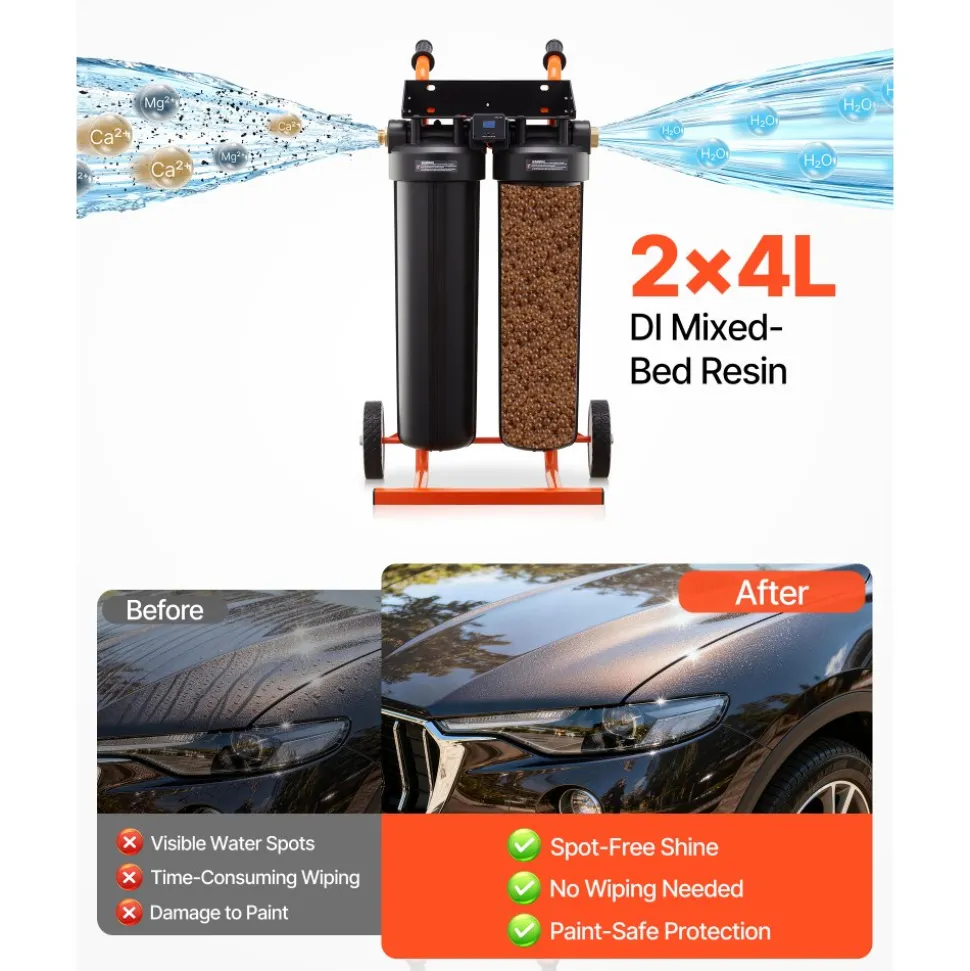 VEVOR Deionized Water System for Car Wash, Spotless Car Wash Water System with 2 x 4L DI Resin, TDS Meter & Bypass Valve, Spot-Free Deionized Water Filter for Cars RVs Motorcycles Windows